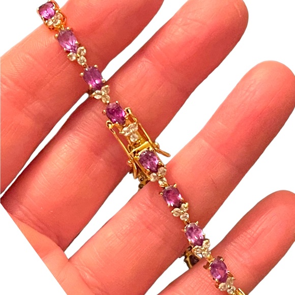 Sterling silver 925 Gold plt DBJ Thai CZ Simulated Amethyst tennis bracelet - Picture 10 of 12